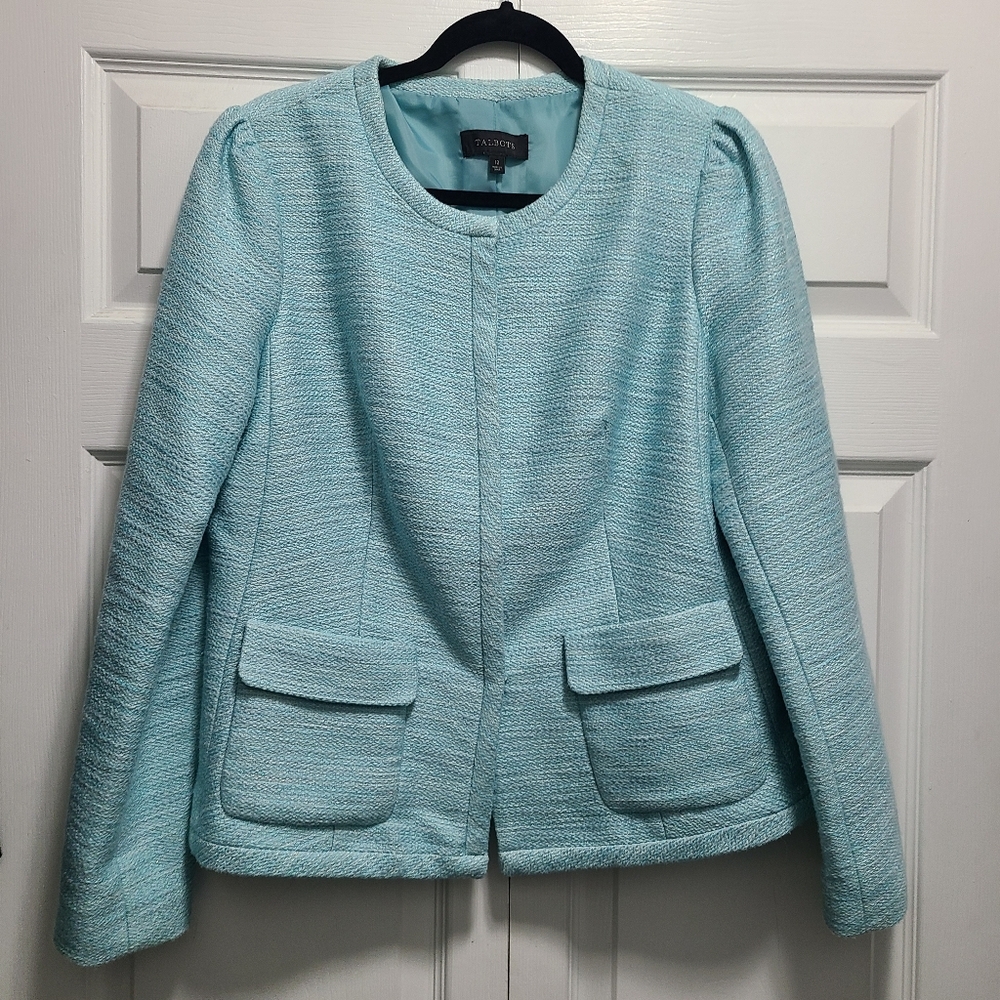 Talbots Light Aqua Glittery Collarless jacket